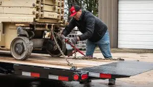 Worker securing a scissor lift to the 6