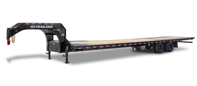 PJ Trailers Voyager Hydraulic Dovetail Gooseneck (LY) trailer with 12-foot hydraulic dovetail and triple axles, designed for heavy-duty hauling.