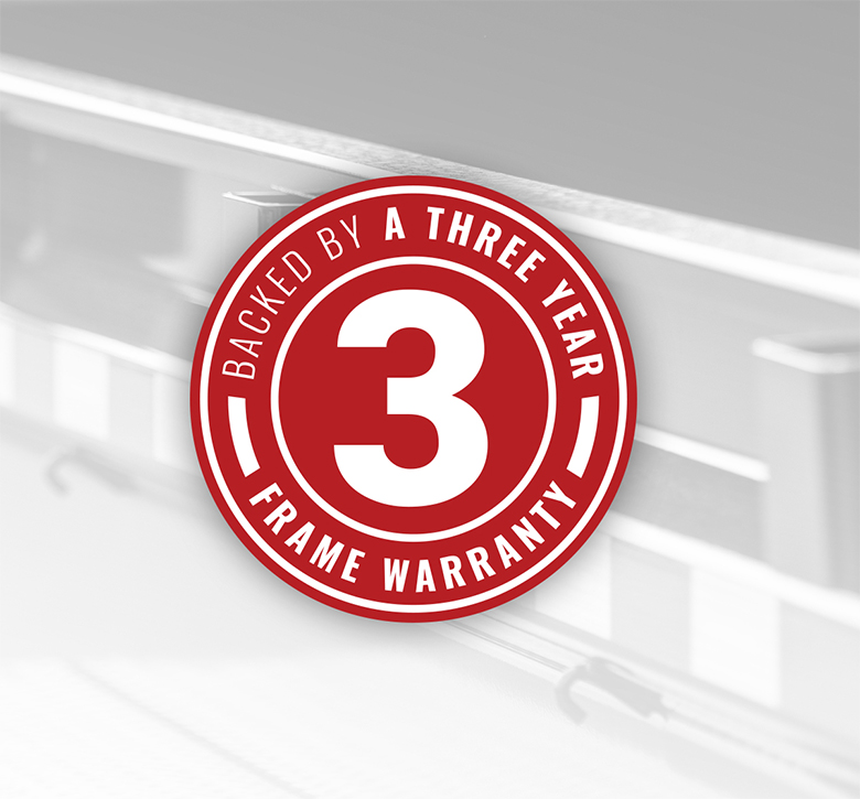 backed by three year frame warranty red and white logo